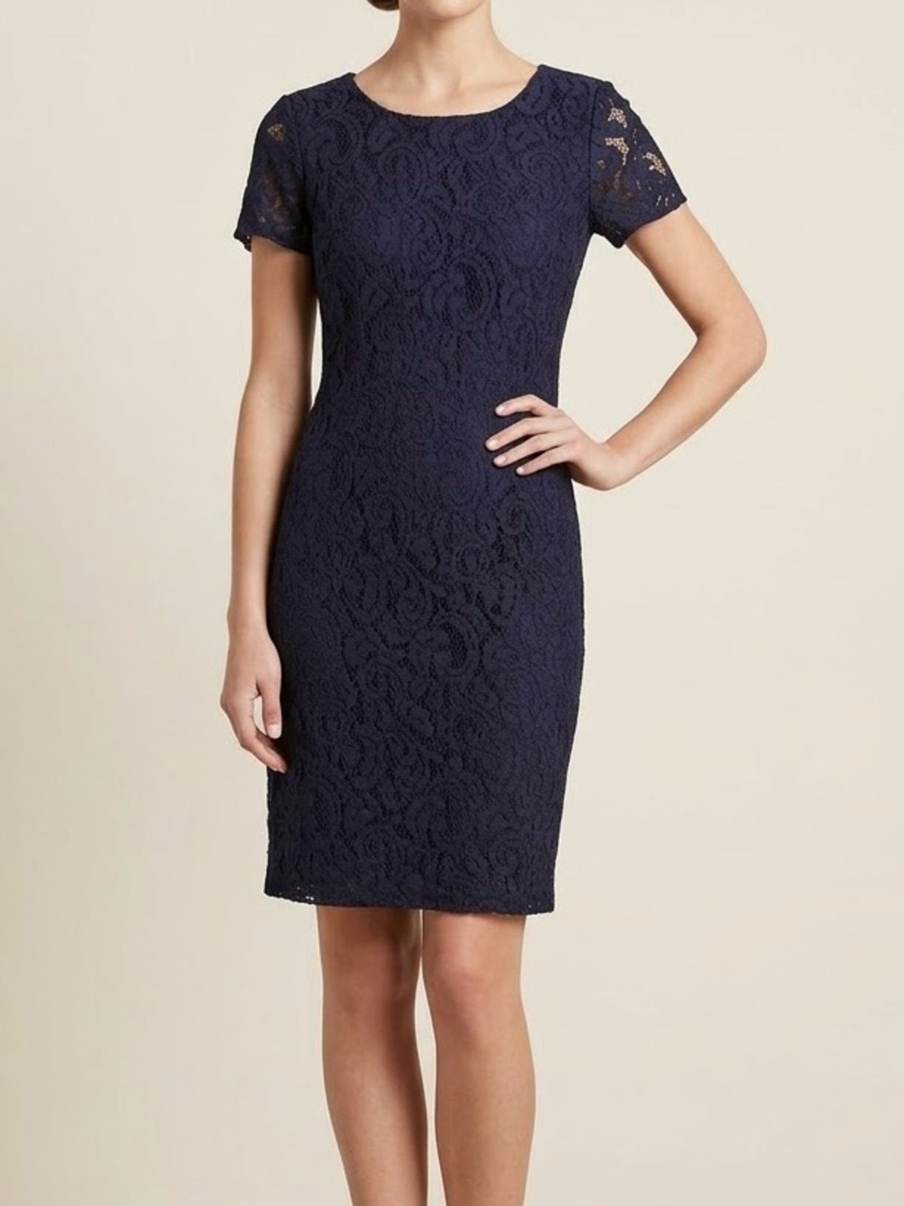 Ann Taylor Navy Lace Short Sleeve Dress, 6